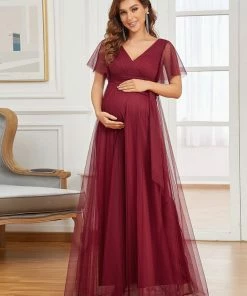 Ever-Pretty US Maternity Dresses Empire Waist Short Sleeve Tie Waist Bump Friendly Dress