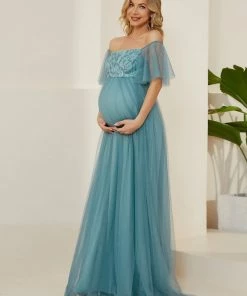 Ever-Pretty US Maternity Dresses Tulle Off-Shoulder Floral Glitter A-Line Bump Friendly Dress