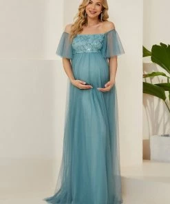 Ever-Pretty US Maternity Dresses Tulle Off-Shoulder Floral Glitter A-Line Bump Friendly Dress