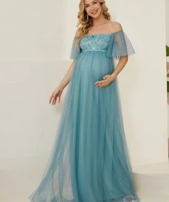 Ever-Pretty US Maternity Dresses Tulle Off-Shoulder Floral Glitter A-Line Bump Friendly Dress