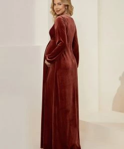 Ever-Pretty US Maternity Dresses Long Sleeve Velvet V-Neck Front Slit Floor-Length Bump Friendly Dress