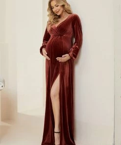 Ever-Pretty US Maternity Dresses Long Sleeve Velvet V-Neck Front Slit Floor-Length Bump Friendly Dress