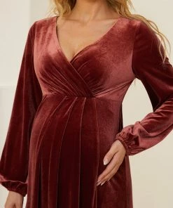 Ever-Pretty US Maternity Dresses Long Sleeve Velvet V-Neck Front Slit Floor-Length Bump Friendly Dress