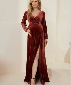 Ever-Pretty US Maternity Dresses Long Sleeve Velvet V-Neck Front Slit Floor-Length Bump Friendly Dress