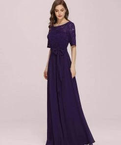 Ever-Pretty US SHOP BY OCCASION Elegant Lace Bodice Chiffon Maxi Evening Dress With Belt