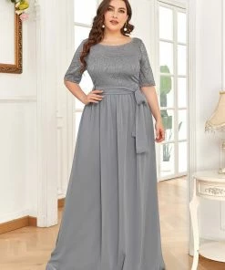 Ever-Pretty US SHOP BY OCCASION Elegant Lace Bodice Chiffon Maxi Evening Dress With Belt