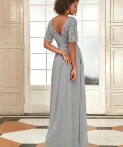 Ever-Pretty US SHOP BY OCCASION Elegant Lace Bodice Chiffon Maxi Evening Dress With Belt
