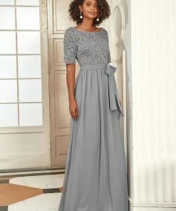 Ever-Pretty US SHOP BY OCCASION Elegant Lace Bodice Chiffon Maxi Evening Dress With Belt