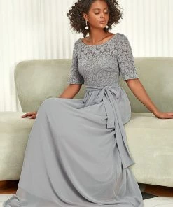 Ever-Pretty US SHOP BY OCCASION Elegant Lace Bodice Chiffon Maxi Evening Dress With Belt
