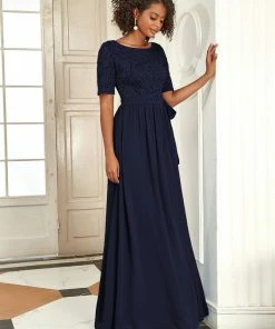 Ever-Pretty US SHOP BY OCCASION Elegant Lace Bodice Chiffon Maxi Evening Dress With Belt
