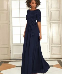 Ever-Pretty US SHOP BY OCCASION Elegant Lace Bodice Chiffon Maxi Evening Dress With Belt