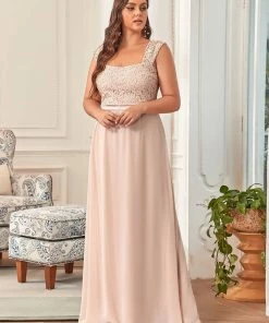 Ever-Pretty US Plus Size Elegant A Line Long Chiffon Bridesmaid Dress With Lace Bodice