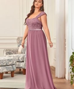 Ever-Pretty US Plus Size Elegant A Line Long Chiffon Bridesmaid Dress With Lace Bodice