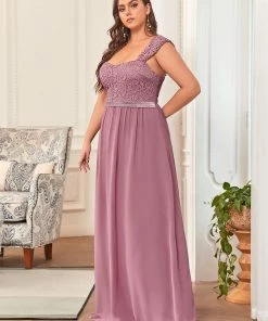 Ever-Pretty US Plus Size Elegant A Line Long Chiffon Bridesmaid Dress With Lace Bodice