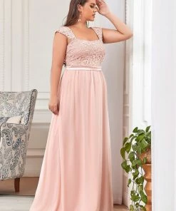 Ever-Pretty US Plus Size Elegant A Line Long Chiffon Bridesmaid Dress With Lace Bodice