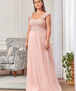 Ever-Pretty US Plus Size Elegant A Line Long Chiffon Bridesmaid Dress With Lace Bodice