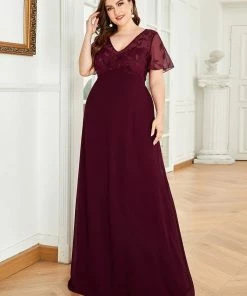 Ever-Pretty US SHOP BY OCCASION Plus Size V Neck Long Empire Formal Dresses With Sleeves