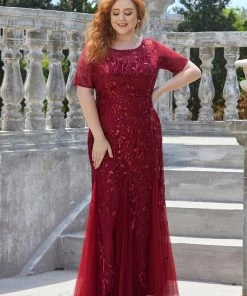 Ever-Pretty US Floral Sequin Maxi Fishtail Tulle Prom Dress With Half Sleeve SHOP BY OCCASION