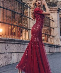 Ever-Pretty US Floral Sequin Maxi Fishtail Tulle Prom Dress With Half Sleeve SHOP BY OCCASION