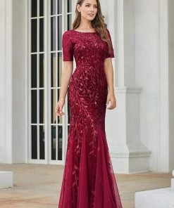 Ever-Pretty US Floral Sequin Maxi Fishtail Tulle Prom Dress With Half Sleeve SHOP BY OCCASION