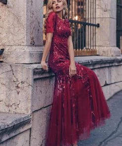 Ever-Pretty US Floral Sequin Maxi Fishtail Tulle Prom Dress With Half Sleeve SHOP BY OCCASION