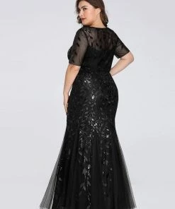 Ever-Pretty US Floral Sequin Maxi Fishtail Tulle Prom Dress With Half Sleeve SHOP BY OCCASION