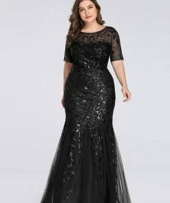 Ever-Pretty US Floral Sequin Maxi Fishtail Tulle Prom Dress With Half Sleeve SHOP BY OCCASION