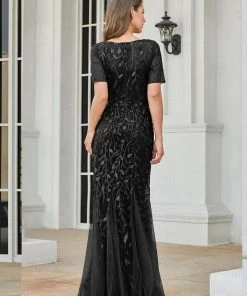 Ever-Pretty US Floral Sequin Maxi Fishtail Tulle Prom Dress With Half Sleeve SHOP BY OCCASION