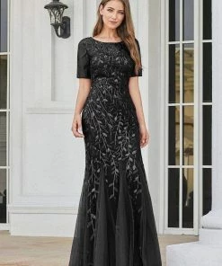 Ever-Pretty US Floral Sequin Maxi Fishtail Tulle Prom Dress With Half Sleeve SHOP BY OCCASION
