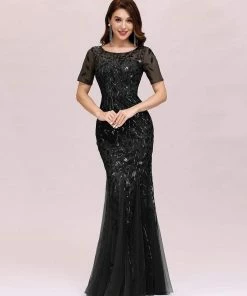 Ever-Pretty US Floral Sequin Maxi Fishtail Tulle Prom Dress With Half Sleeve SHOP BY OCCASION