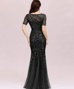 Ever-Pretty US Floral Sequin Maxi Fishtail Tulle Prom Dress With Half Sleeve SHOP BY OCCASION