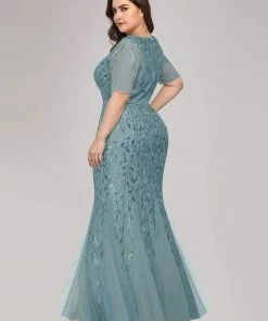 Ever-Pretty US Floral Sequin Maxi Fishtail Tulle Prom Dress With Half Sleeve SHOP BY OCCASION