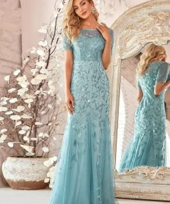 Ever-Pretty US Floral Sequin Maxi Fishtail Tulle Prom Dress With Half Sleeve SHOP BY OCCASION