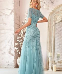 Ever-Pretty US Floral Sequin Maxi Fishtail Tulle Prom Dress With Half Sleeve SHOP BY OCCASION