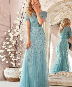Ever-Pretty US Floral Sequin Maxi Fishtail Tulle Prom Dress With Half Sleeve SHOP BY OCCASION