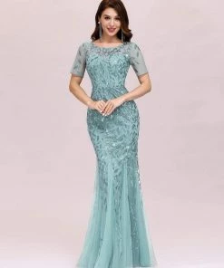 Ever-Pretty US Floral Sequin Maxi Fishtail Tulle Prom Dress With Half Sleeve SHOP BY OCCASION