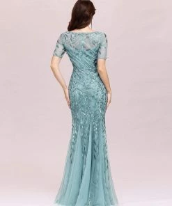 Ever-Pretty US Floral Sequin Maxi Fishtail Tulle Prom Dress With Half Sleeve SHOP BY OCCASION