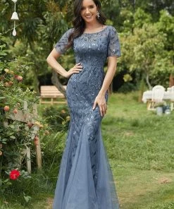 Ever-Pretty US Floral Sequin Maxi Fishtail Tulle Prom Dress With Half Sleeve SHOP BY OCCASION