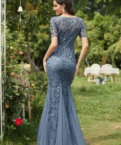 Ever-Pretty US Floral Sequin Maxi Fishtail Tulle Prom Dress With Half Sleeve SHOP BY OCCASION