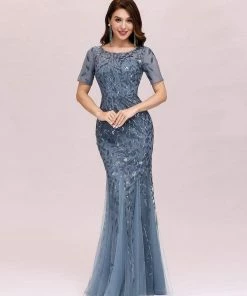 Ever-Pretty US Floral Sequin Maxi Fishtail Tulle Prom Dress With Half Sleeve SHOP BY OCCASION