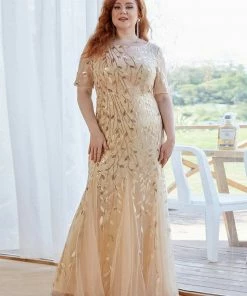 Ever-Pretty US Floral Sequin Maxi Fishtail Tulle Prom Dress With Half Sleeve SHOP BY OCCASION