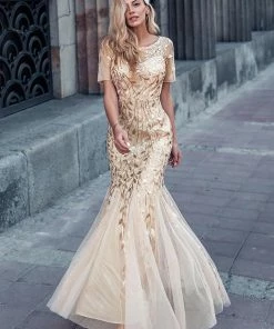 Ever-Pretty US Floral Sequin Maxi Fishtail Tulle Prom Dress With Half Sleeve SHOP BY OCCASION