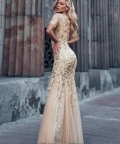 Ever-Pretty US Floral Sequin Maxi Fishtail Tulle Prom Dress With Half Sleeve SHOP BY OCCASION