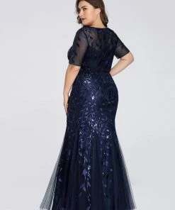 Ever-Pretty US Floral Sequin Maxi Fishtail Tulle Prom Dress With Half Sleeve SHOP BY OCCASION