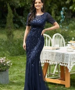 Ever-Pretty US Floral Sequin Maxi Fishtail Tulle Prom Dress With Half Sleeve SHOP BY OCCASION