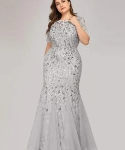 Ever-Pretty US Floral Sequin Maxi Fishtail Tulle Prom Dress With Half Sleeve SHOP BY OCCASION