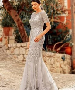 Ever-Pretty US Floral Sequin Maxi Fishtail Tulle Prom Dress With Half Sleeve SHOP BY OCCASION