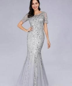 Ever-Pretty US Floral Sequin Maxi Fishtail Tulle Prom Dress With Half Sleeve SHOP BY OCCASION