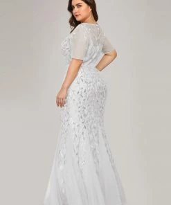 Ever-Pretty US Plus Size Floral Sequin Print Casual White Dress For Weddings