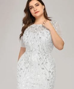 Ever-Pretty US Plus Size Floral Sequin Print Casual White Dress For Weddings